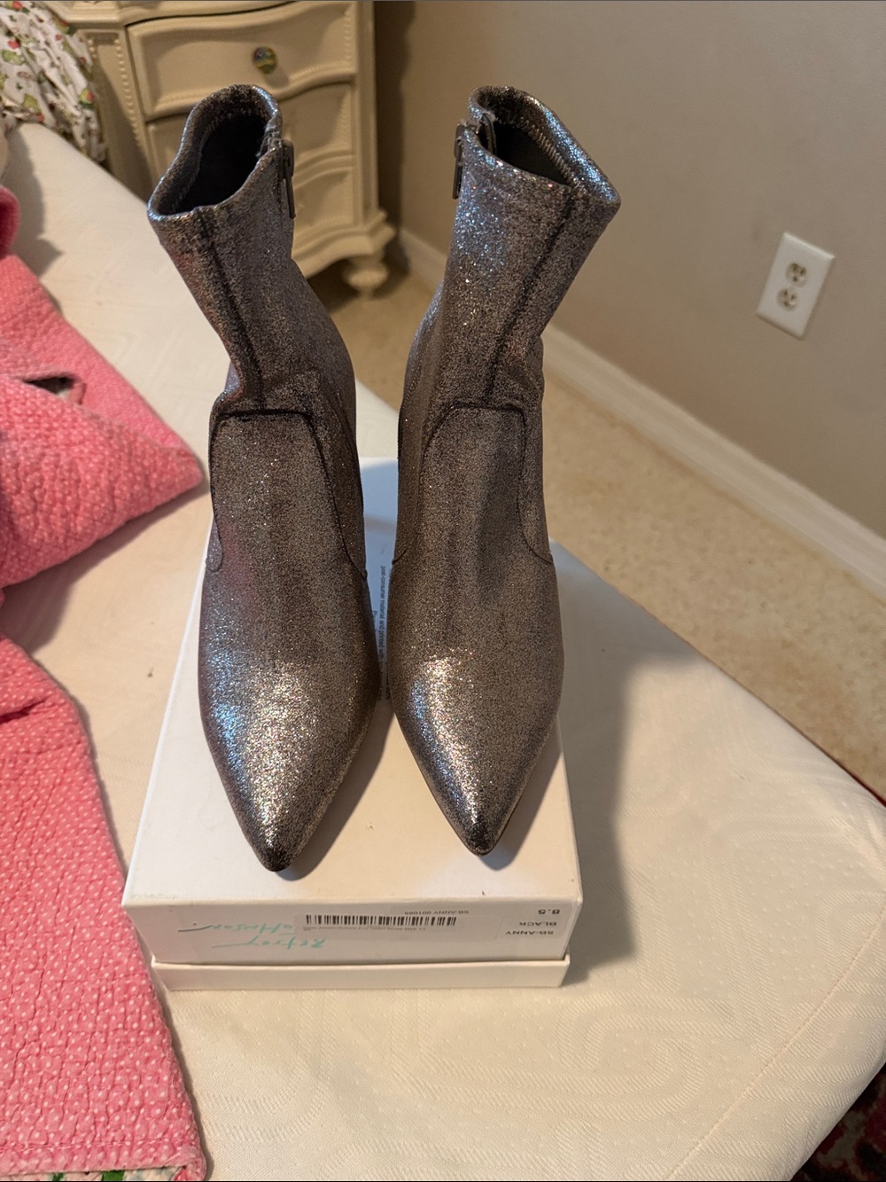 Steve Madden Silver Glitter Pointed Toe Sock Booties